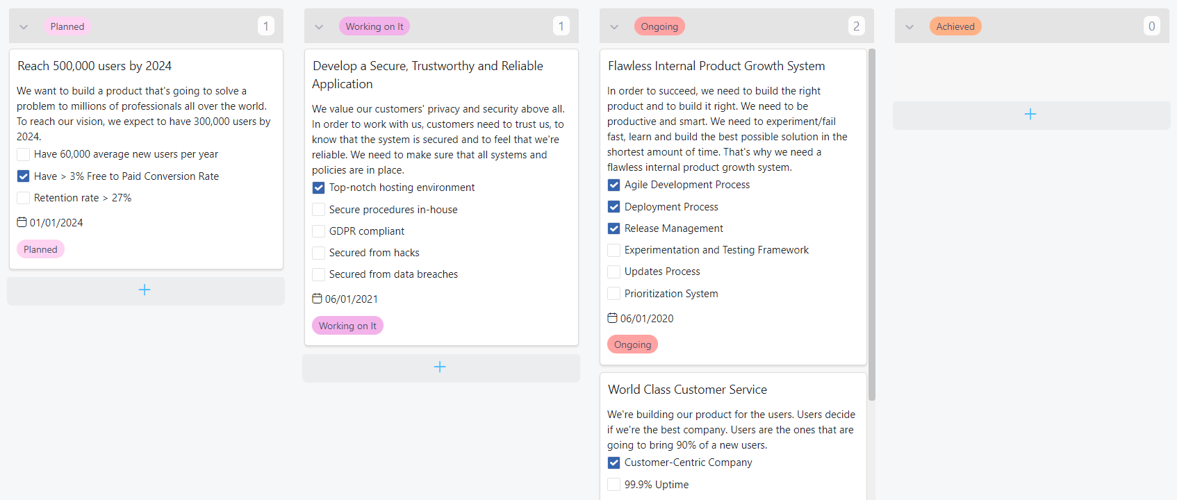 Setting product goals in Infinity