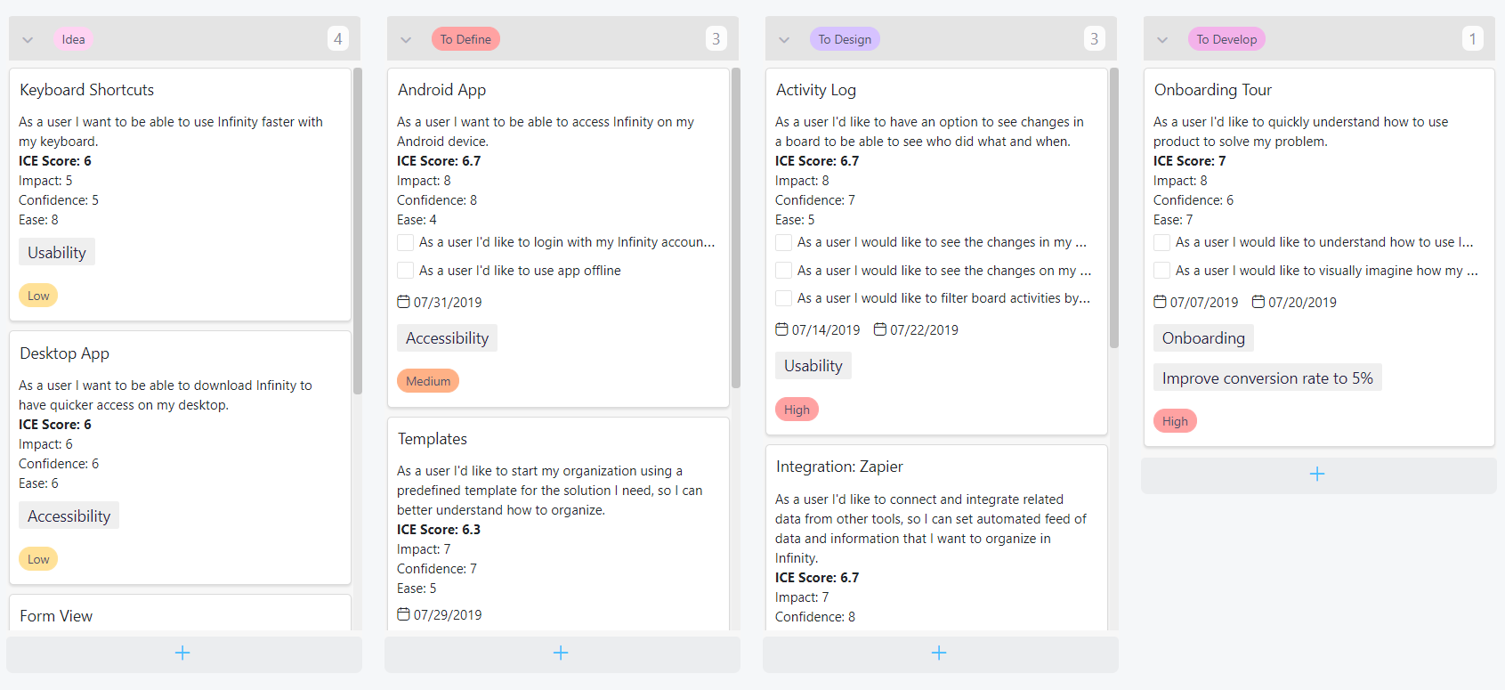 Example of product roadmap in Infinity